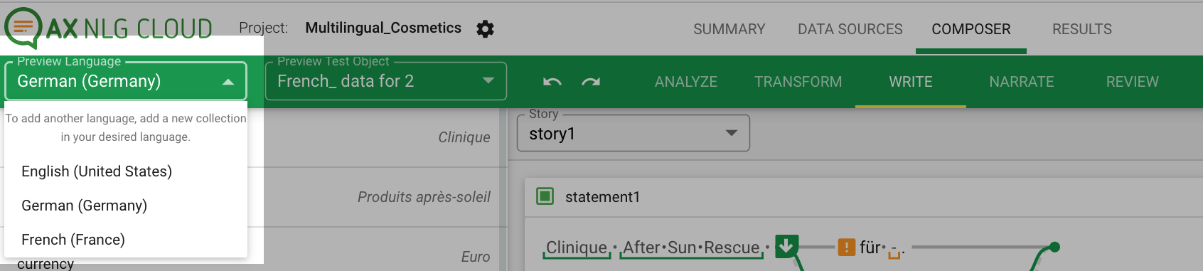 Preview Language and Test object